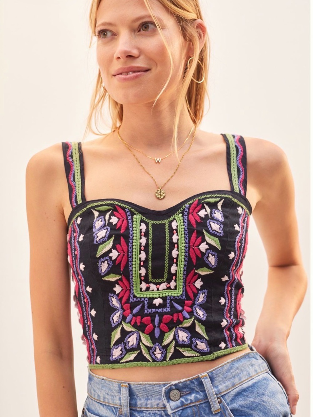 Anthropologie Navy Embroidered Floral Crop Top with Pink & Green Accents